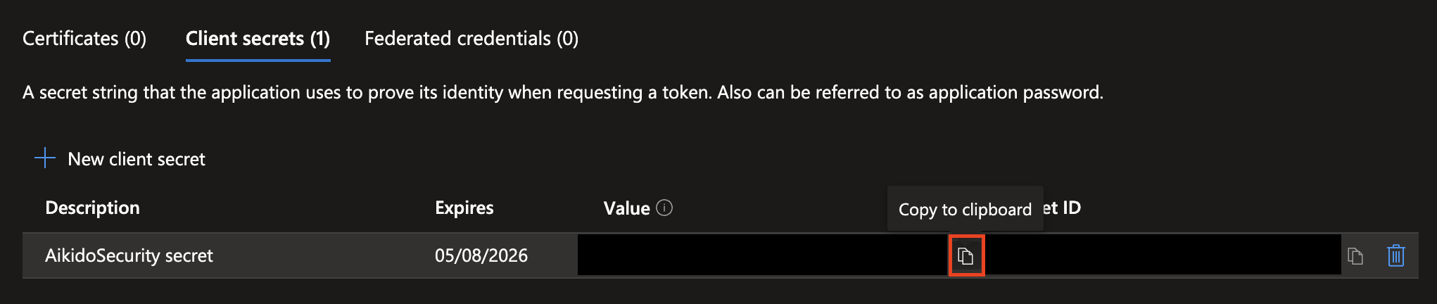 有効期限付きでアプリケーション認証用の有効なクライアントシークレットを表示するAzureポータル。