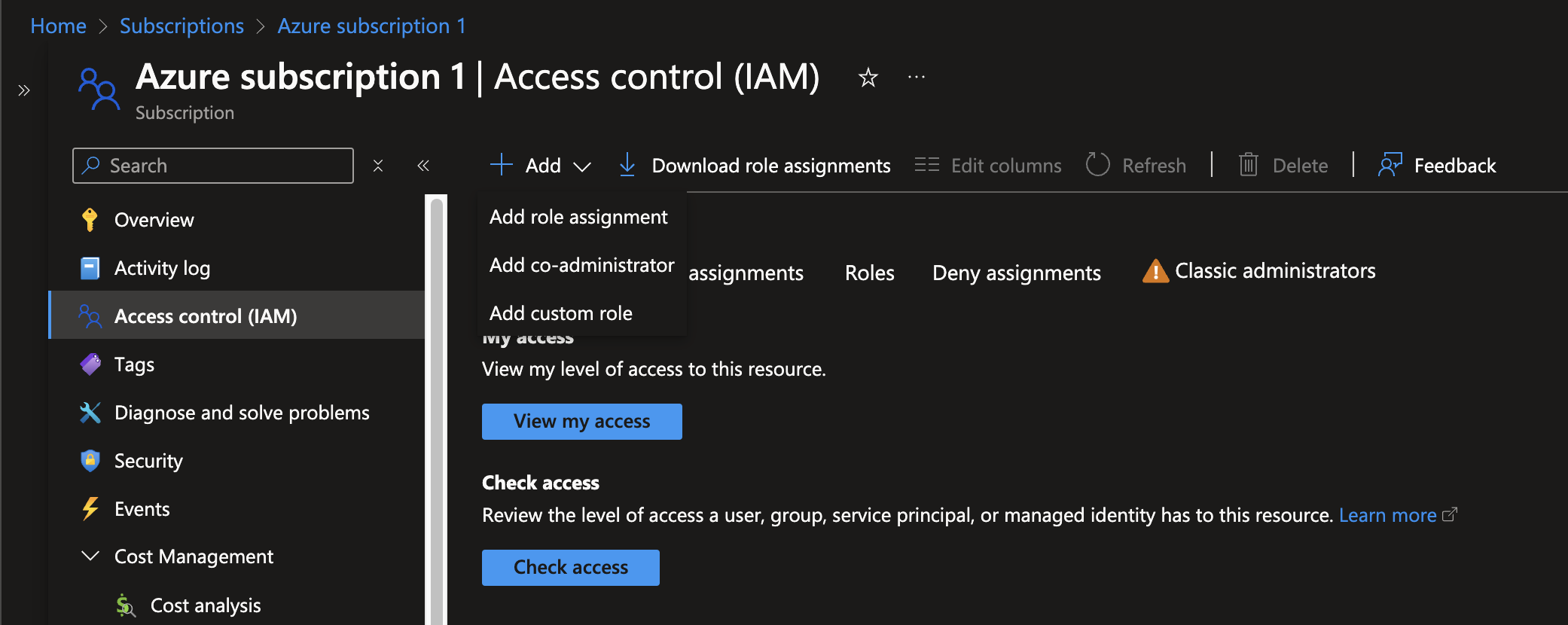 サブスクリプションのロール割り当て、権限、アクセスレベルを管理するAzure IAMポータル。