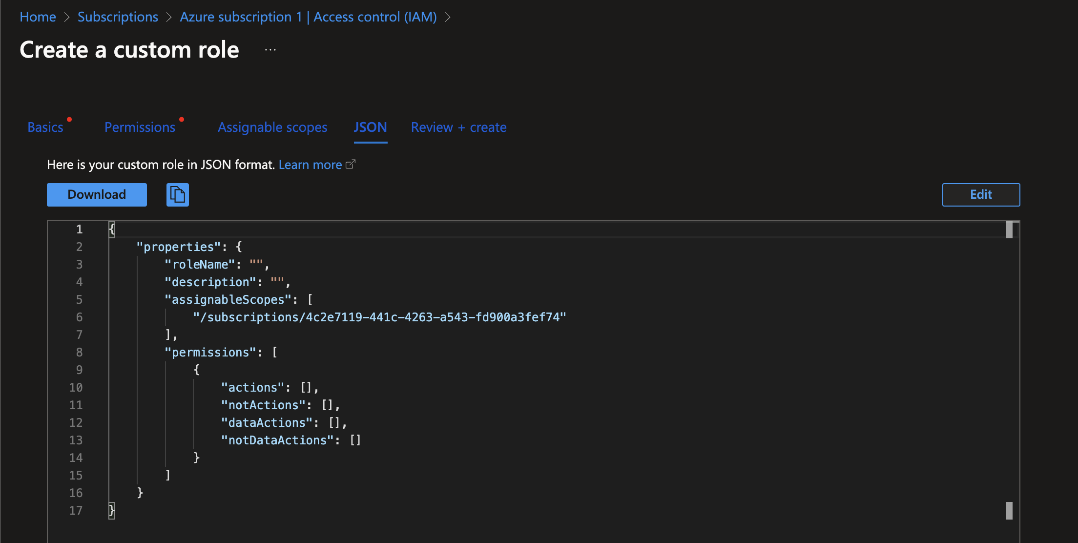 カスタムロールのJSON定義を作成・ダウンロードするためのAzureポータルインターフェース。