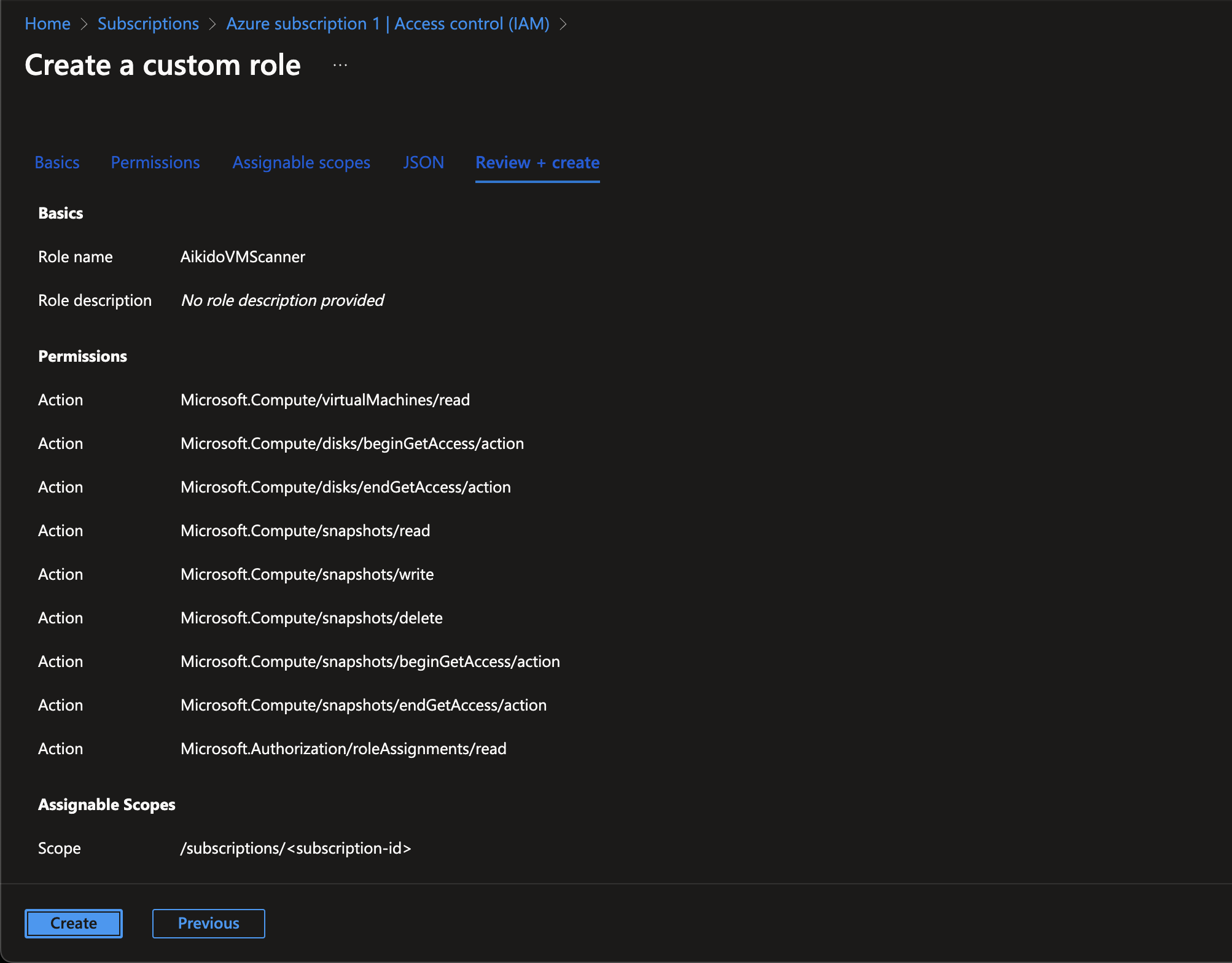 AikidoVMScannerの権限と割り当て可能なスコープを確認するAzureカスタムロール作成画面。