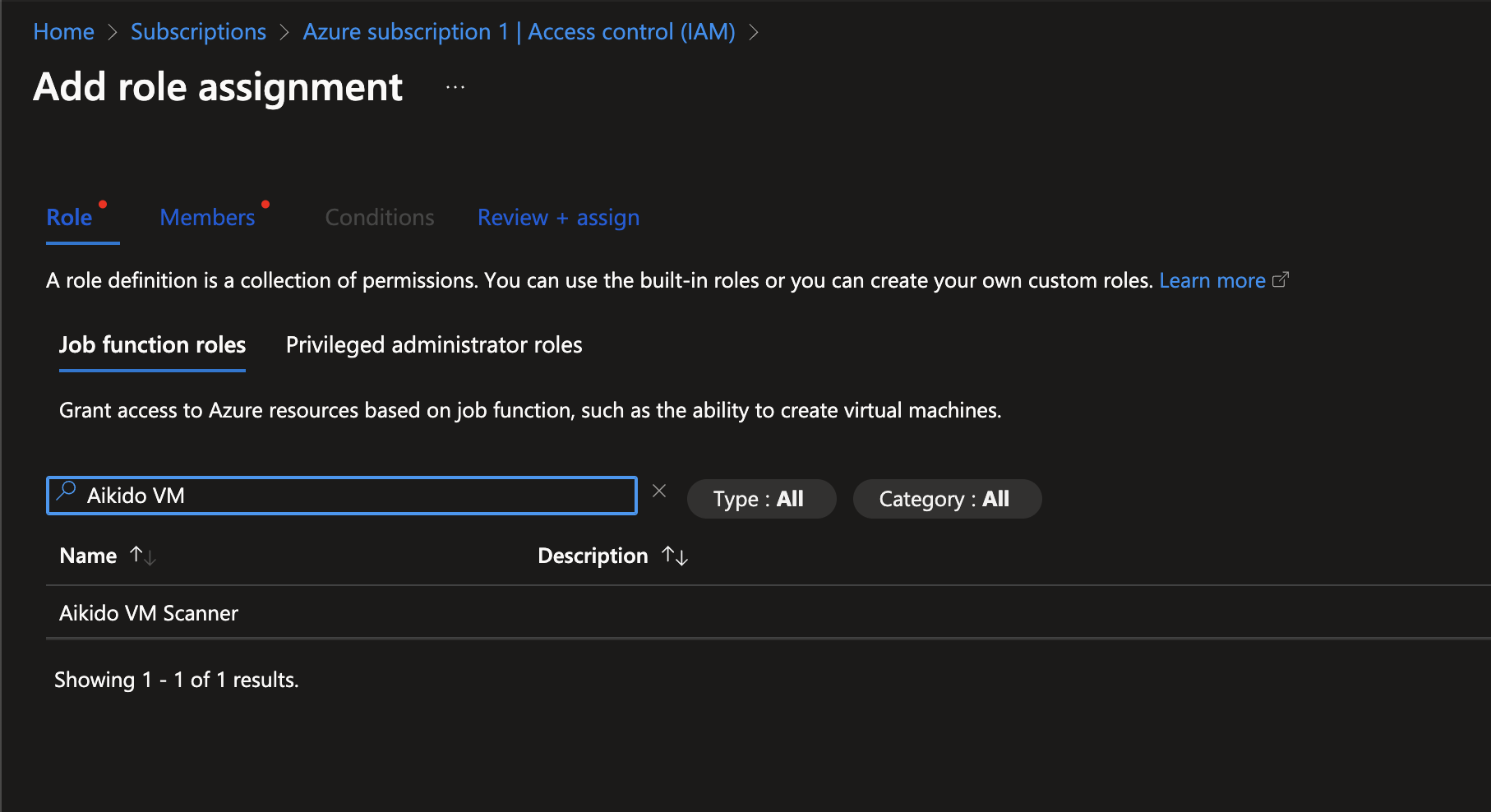 仮想マシンへのアクセスのためにAzureで「Aikido VM Scanner」ロールを割り当てている様子。
