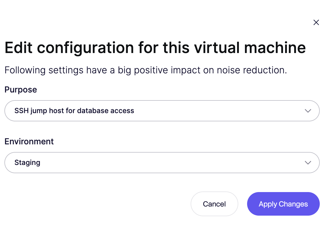 staging環境でのSSHデータベースアクセスに関する仮想マシン設定の編集画面。