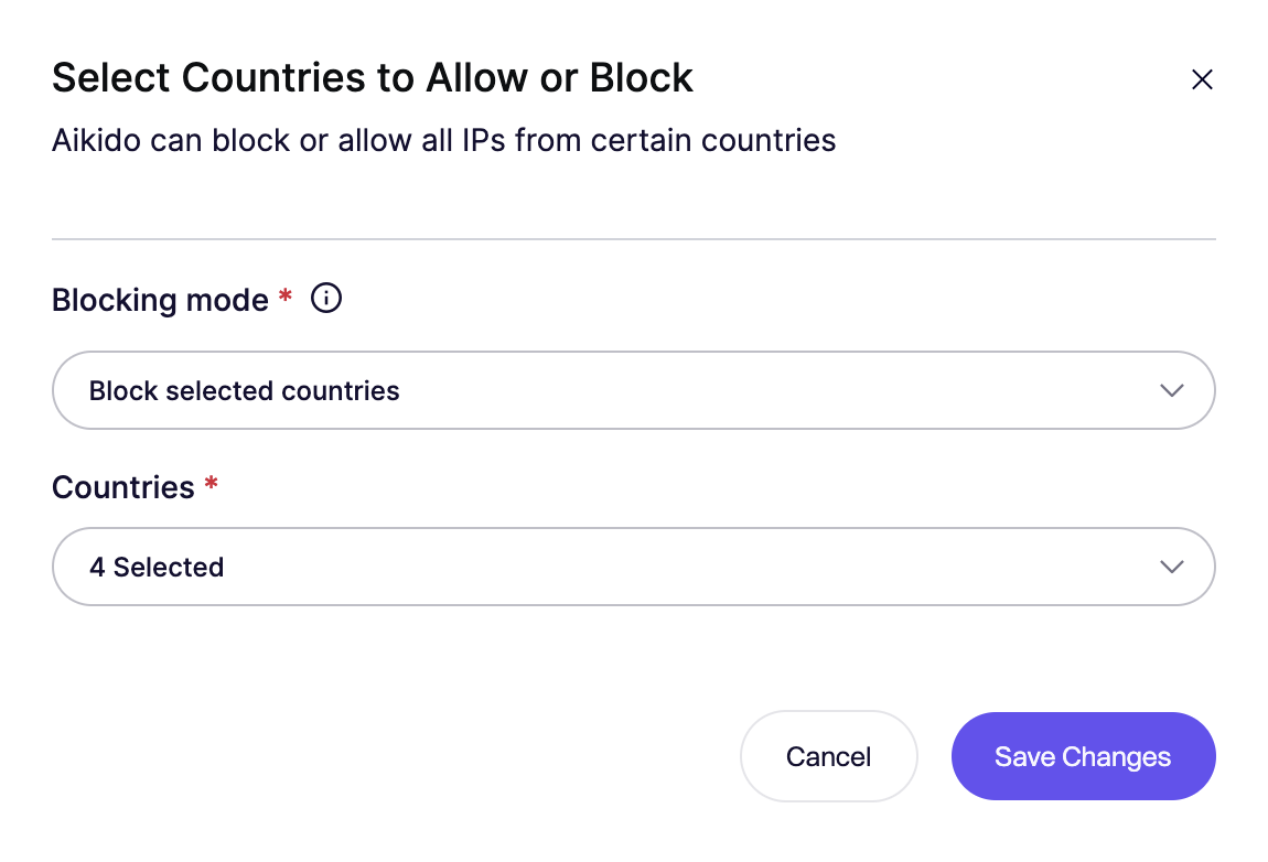 特定の国からのIPを選択・ブロックするインターフェース。