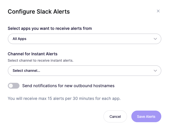 アプリ、チャンネル、通知設定を選択して即時アラート用にSlack通知を設定する画面。