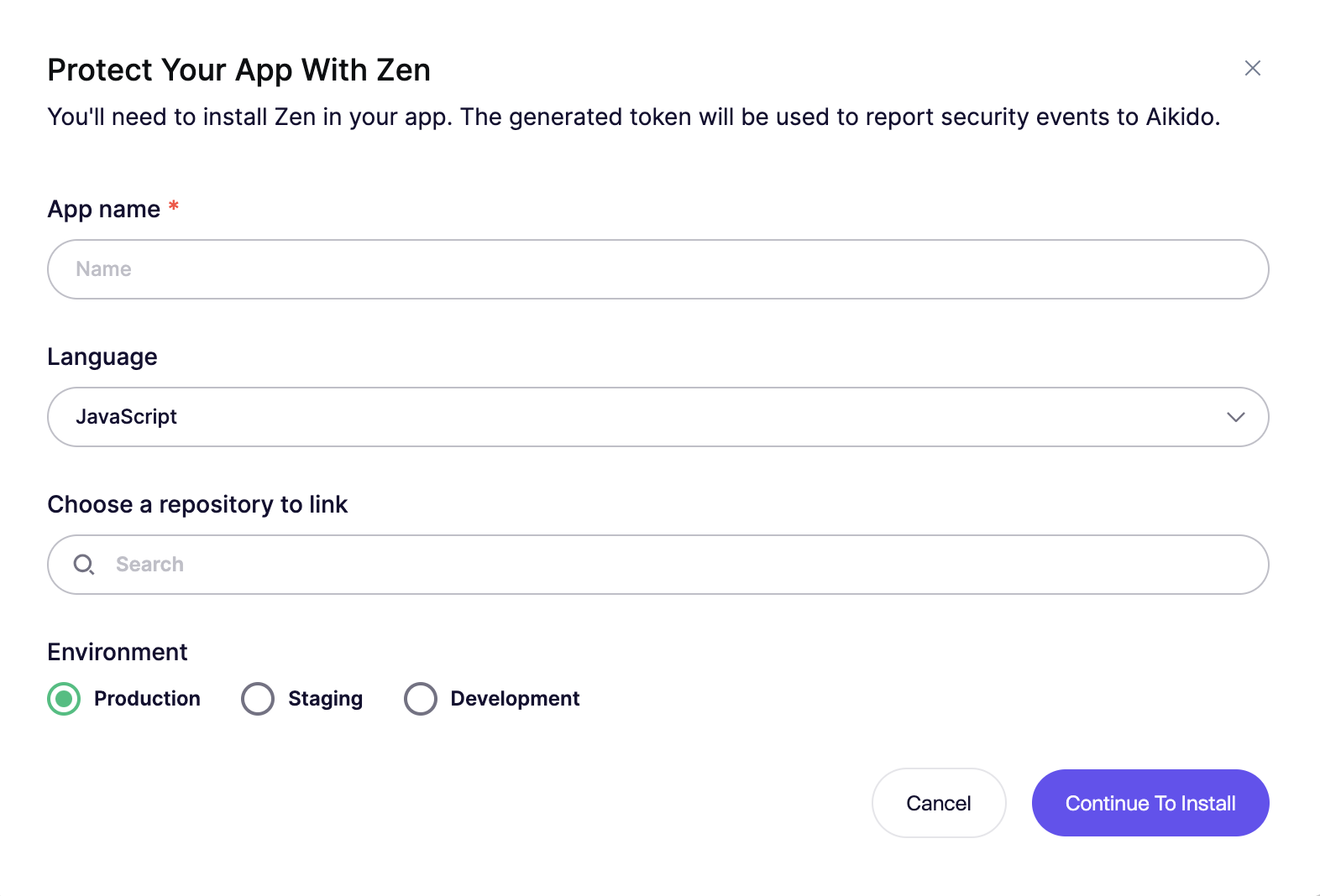 アプリ名、リポジトリ、環境を入力してセキュリティレポートを有効化するZenアプリセットアップフォーム。