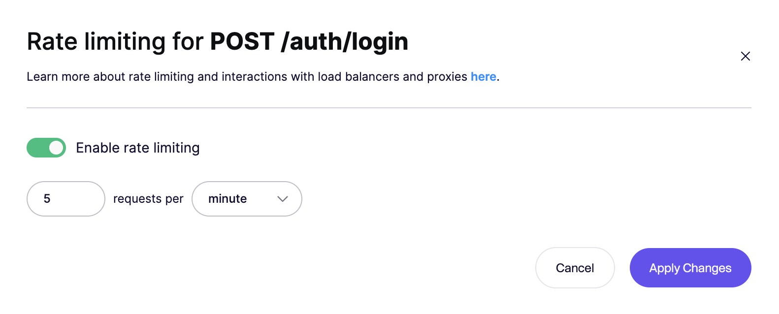 POST /auth/login のレート制限を1分あたり5リクエストに設定する。